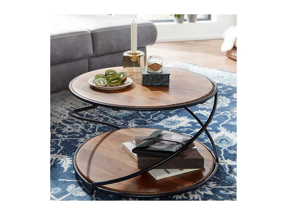 Runder Couchtisch aus Sheesham Massivholz und Metall 58 cm Durchmesser