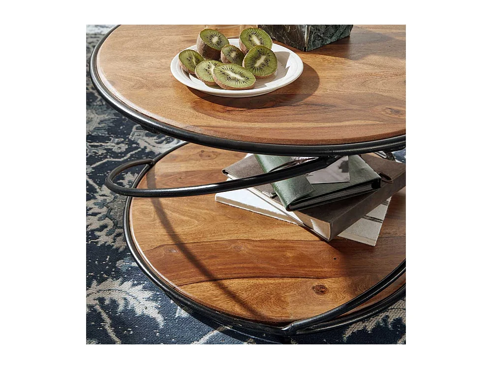 Runder Couchtisch aus Sheesham Massivholz und Metall 58 cm Durchmesser