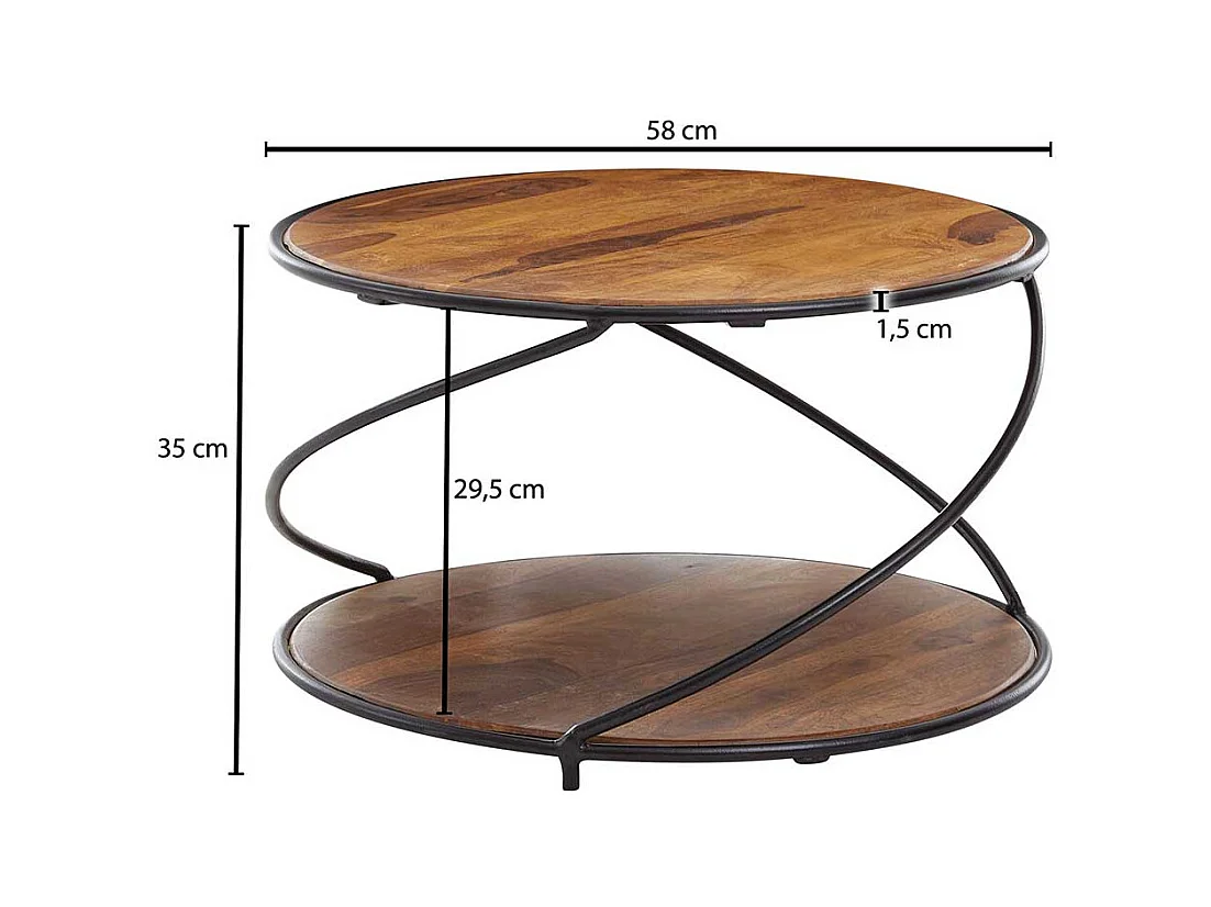 Runder Couchtisch aus Sheesham Massivholz und Metall 58 cm Durchmesser