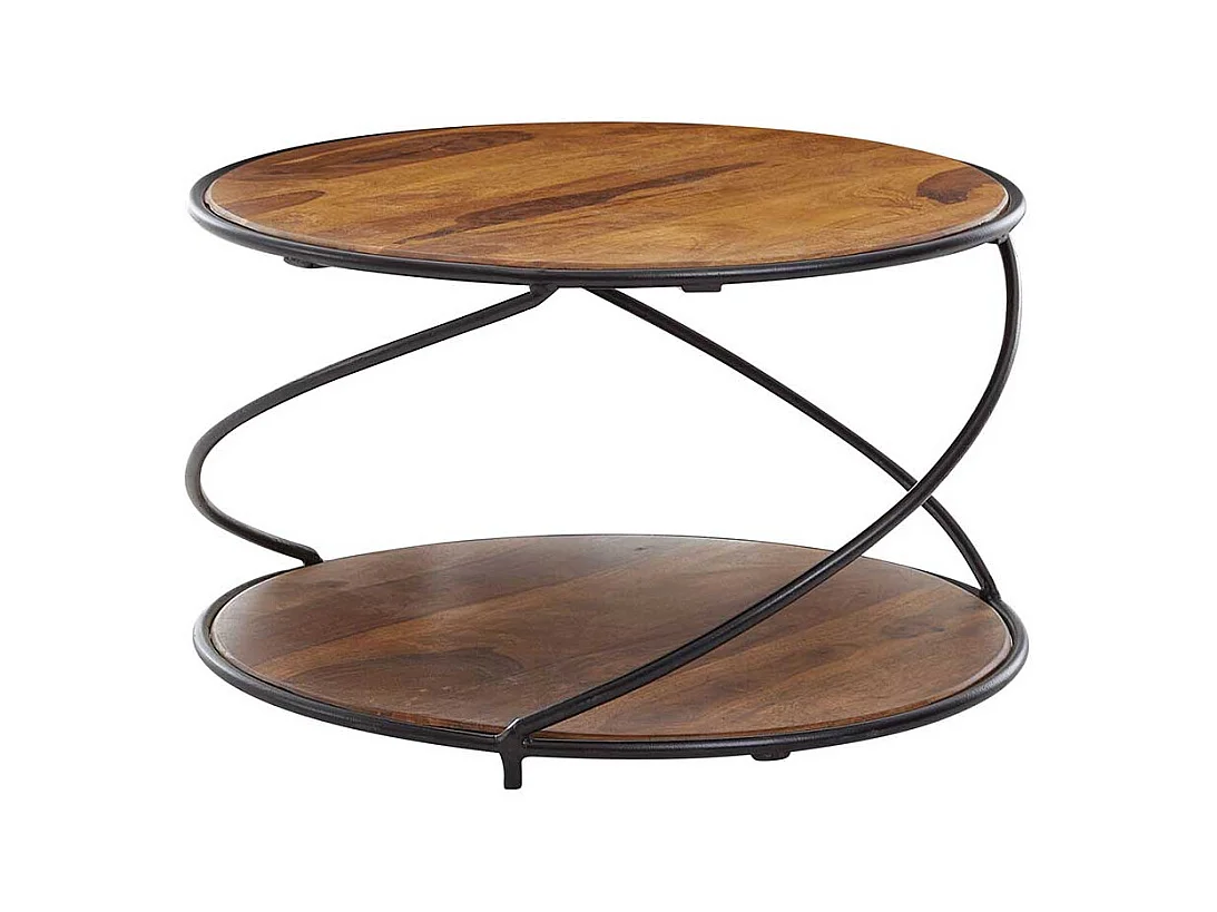 Runder Couchtisch aus Sheesham Massivholz und Metall 58 cm Durchmesser