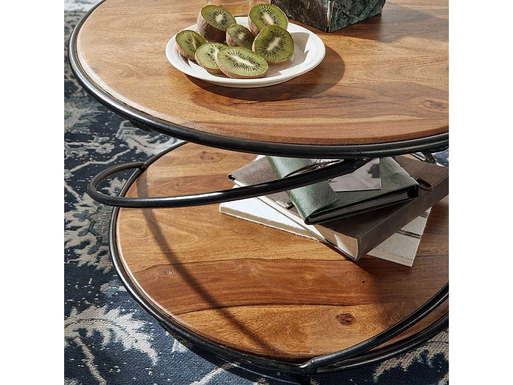 Runder Couchtisch aus Sheesham Massivholz und Metall 58 cm Durchmesser
