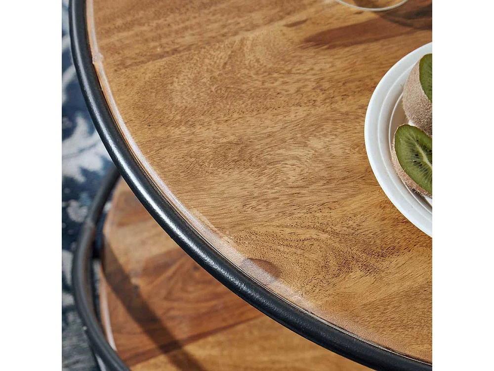 Runder Couchtisch aus Sheesham Massivholz und Metall 58 cm Durchmesser