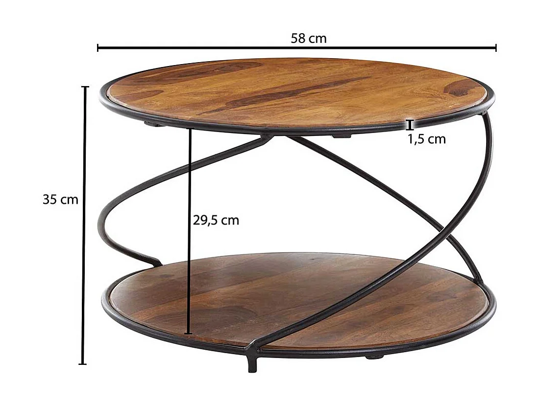Runder Couchtisch aus Sheesham Massivholz und Metall 58 cm Durchmesser