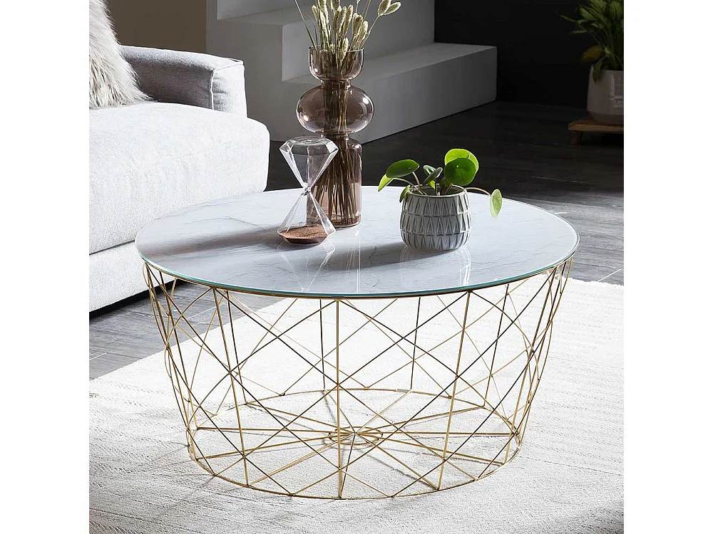 Runder Couchtisch in Weiß und Goldfarben Skandi Design