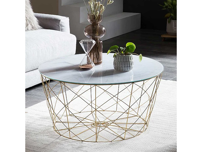 Runder Couchtisch in Weiß und Goldfarben Skandi Design