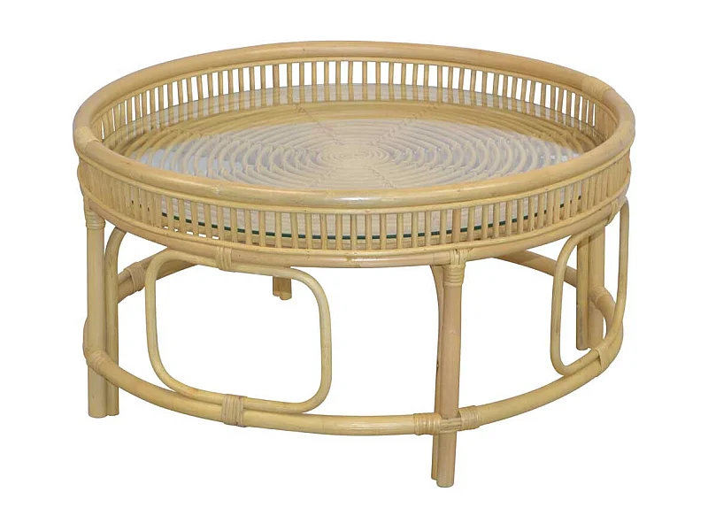 Rattantisch mit Glasplatte in Beige Landhausstil