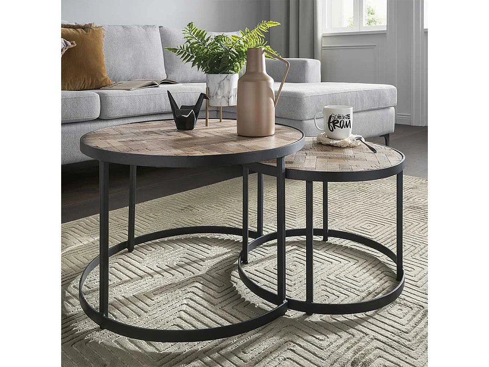 Runde Wohnzimmer Tische im Industrie Stil Recyclingholz & Metall (zweiteilig)