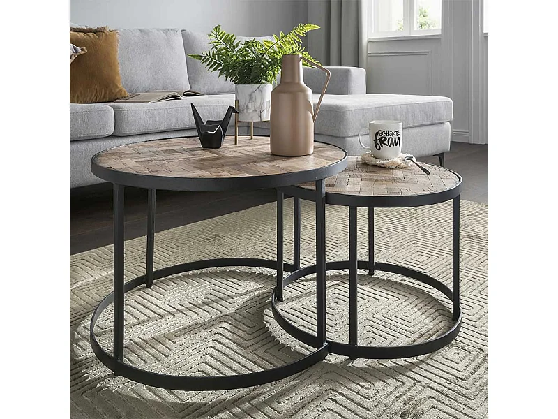 Runde Wohnzimmer Tische im Industrie Stil Recyclingholz & Metall (zweiteilig)