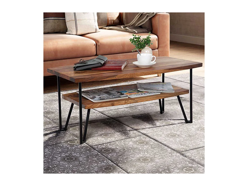 Couchtisch Holztisch aus Sheesham Massivholz und Metall
