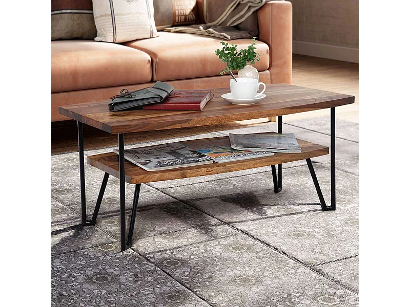Couchtisch Holztisch aus Sheesham Massivholz und Metall