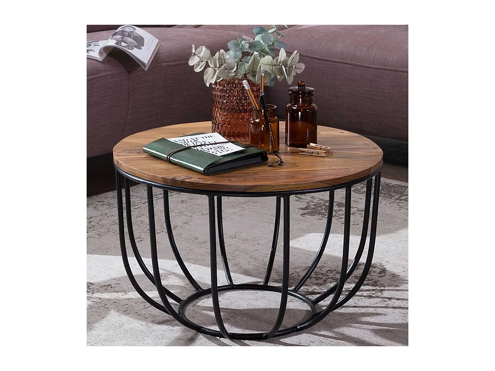 Sofatisch aus Sheesham Massivholz und Eisen rund