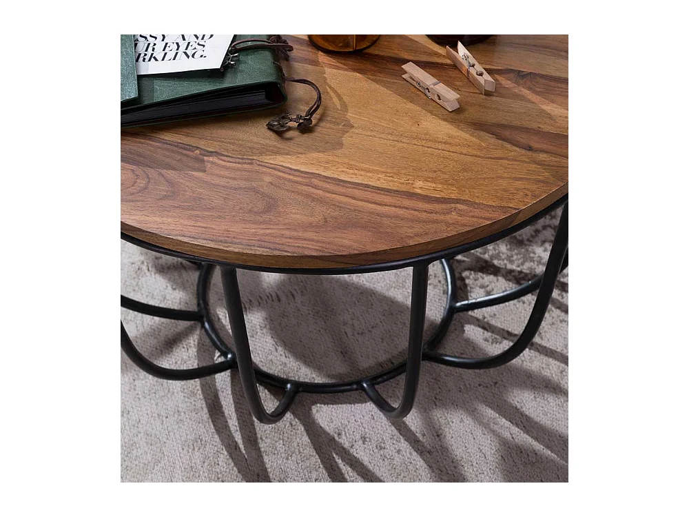 Sofatisch aus Sheesham Massivholz und Eisen rund