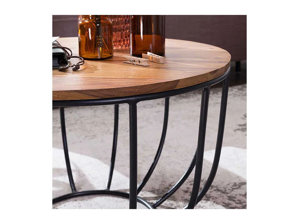 Sofatisch aus Sheesham Massivholz und Eisen rund