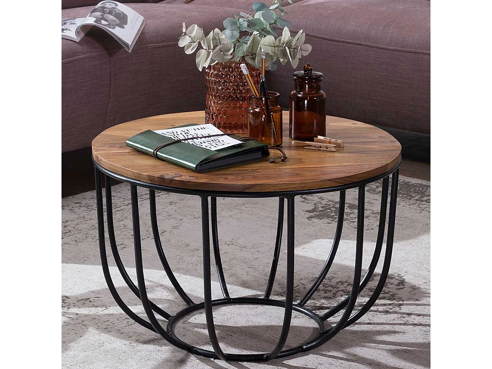Sofatisch aus Sheesham Massivholz und Eisen rund