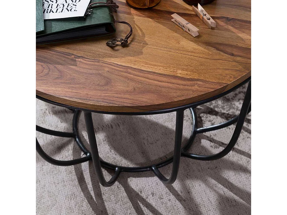 Sofatisch aus Sheesham Massivholz und Eisen rund