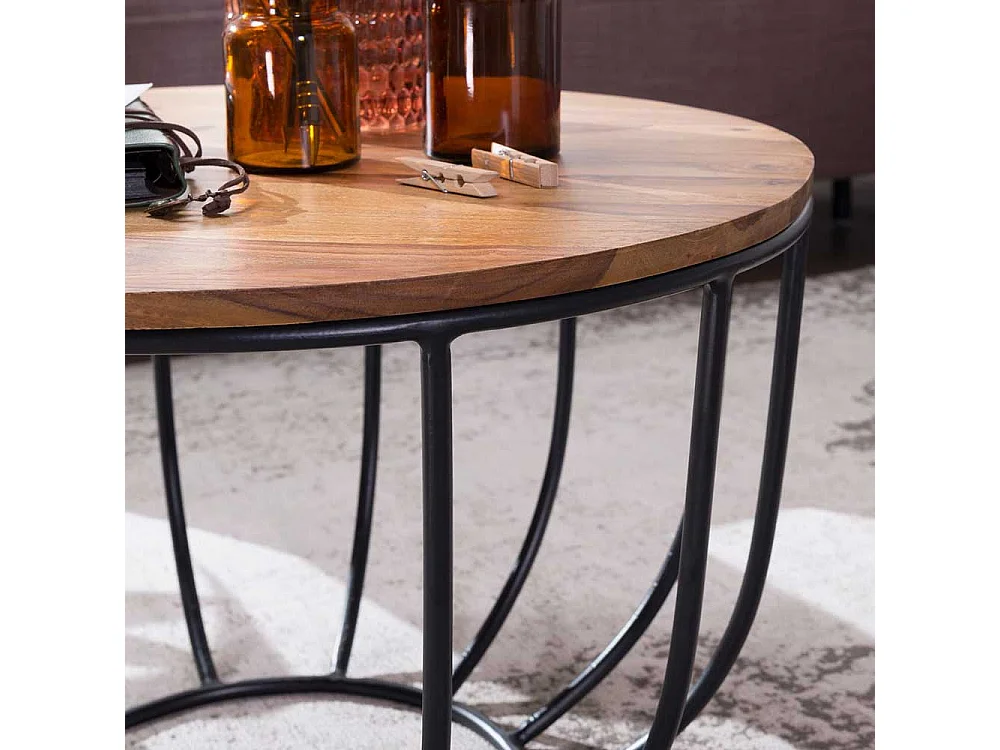 Sofatisch aus Sheesham Massivholz und Eisen rund