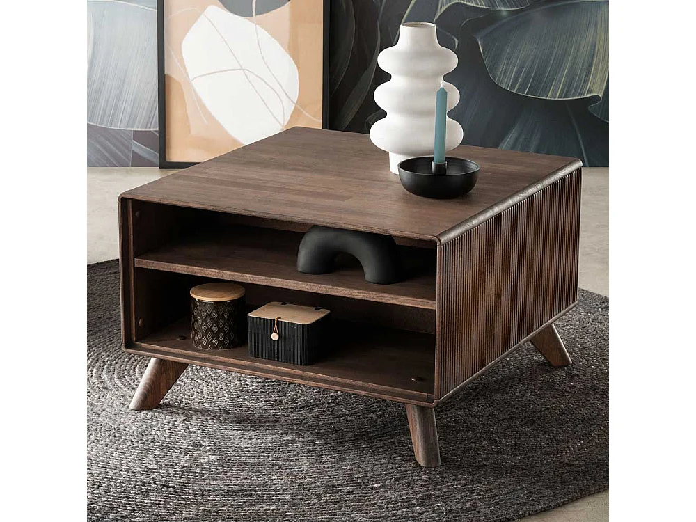 Brauner Sofatisch aus Kernbuche Massivholz quadratischer Tischplatte