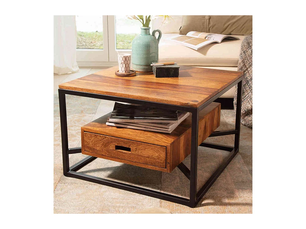 Couchtisch quadratisch Holz Metall im Industry und Loft Stil 60 cm breit