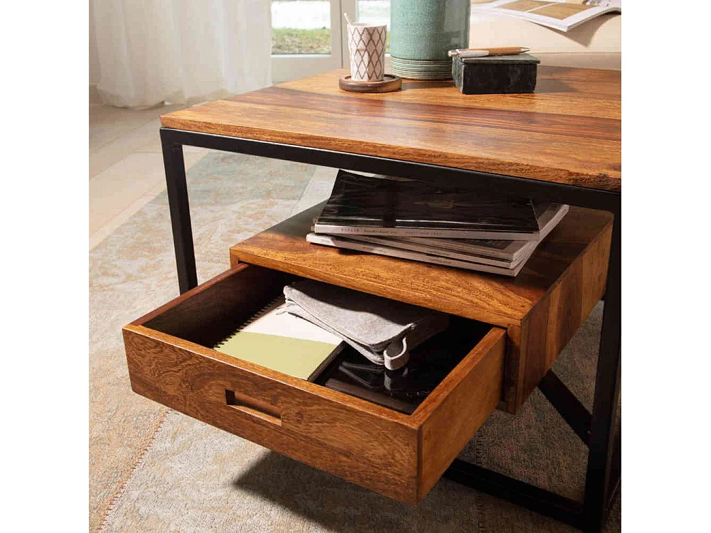 Couchtisch quadratisch Holz Metall im Industry und Loft Stil 60 cm breit