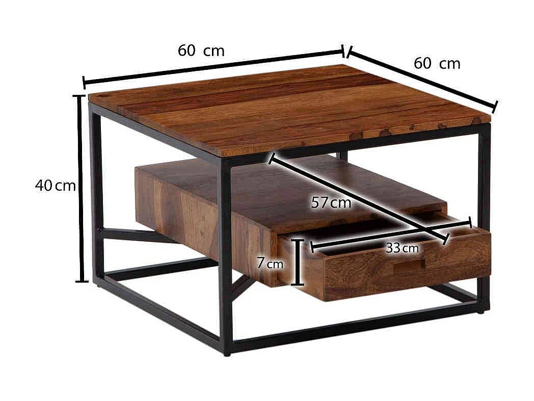 Couchtisch quadratisch Holz Metall im Industry und Loft Stil 60 cm breit