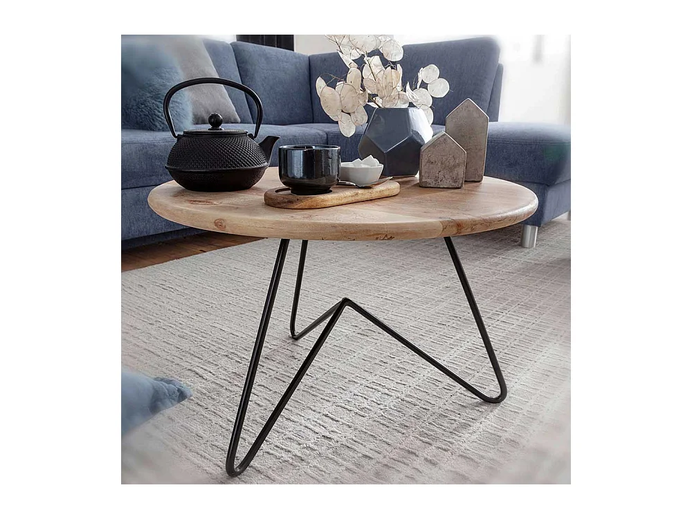 Runder Holz Couchtisch aus Akazie Massivholz 3-Fußgestell aus Edelstahl