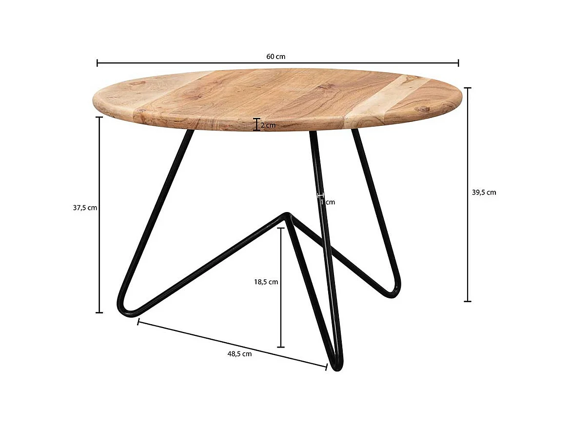 Runder Holz Couchtisch aus Akazie Massivholz 3-Fußgestell aus Edelstahl