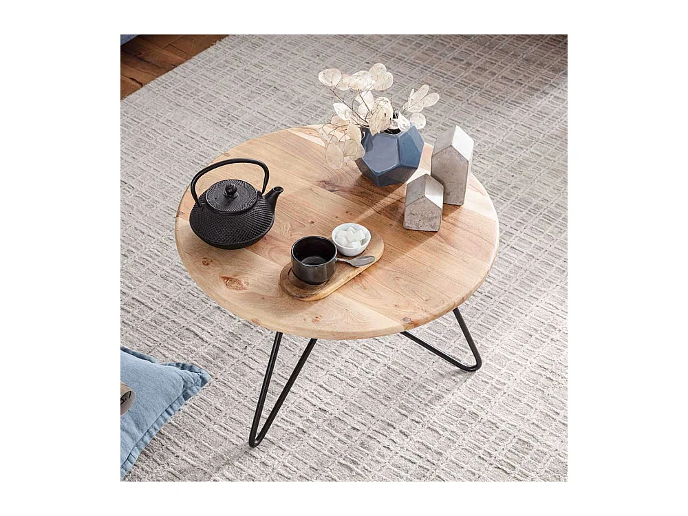 Runder Holz Couchtisch aus Akazie Massivholz 3-Fußgestell aus Edelstahl