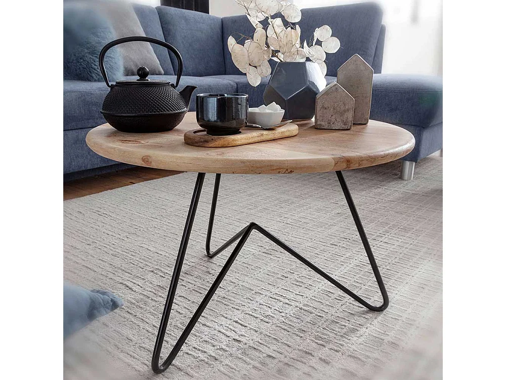 Runder Holz Couchtisch aus Akazie Massivholz 3-Fußgestell aus Edelstahl