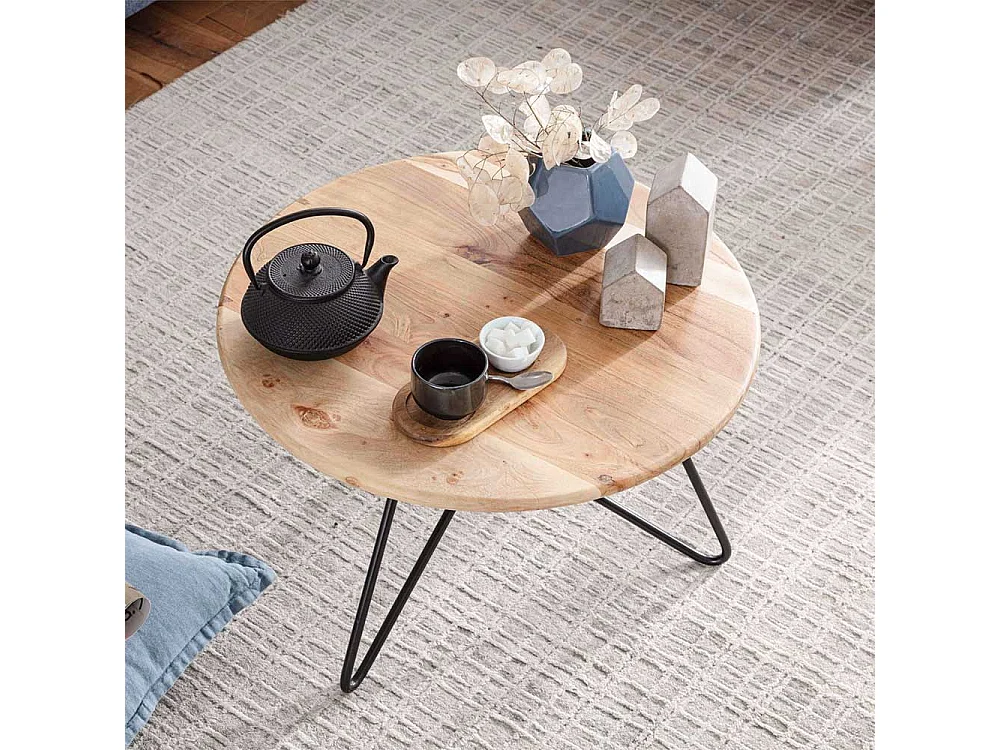 Runder Holz Couchtisch aus Akazie Massivholz 3-Fußgestell aus Edelstahl