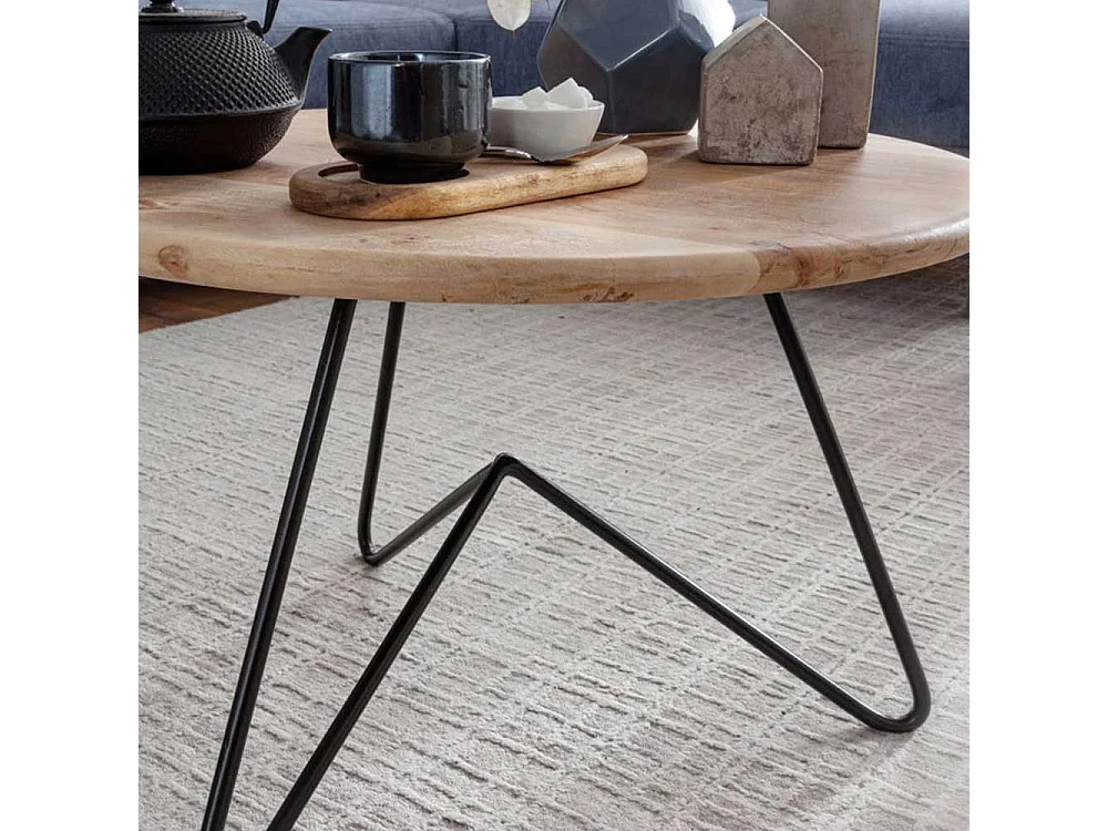 Runder Holz Couchtisch aus Akazie Massivholz 3-Fußgestell aus Edelstahl