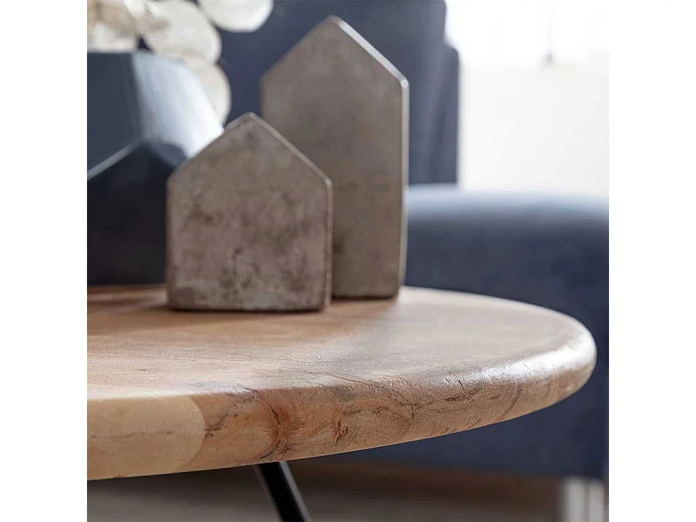 Runder Holz Couchtisch aus Akazie Massivholz 3-Fußgestell aus Edelstahl