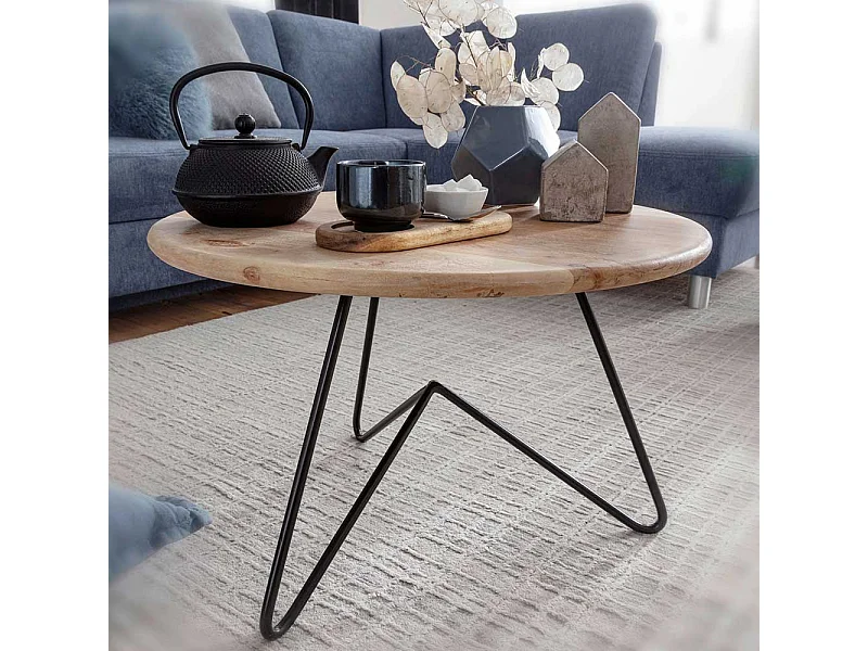 Runder Holz Couchtisch aus Akazie Massivholz 3-Fußgestell aus Edelstahl