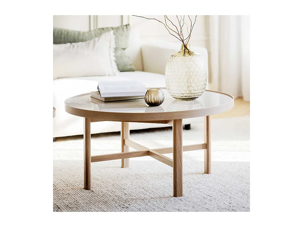 Moderner Sofatisch aus Keramik in Beige Eiche Massivholz