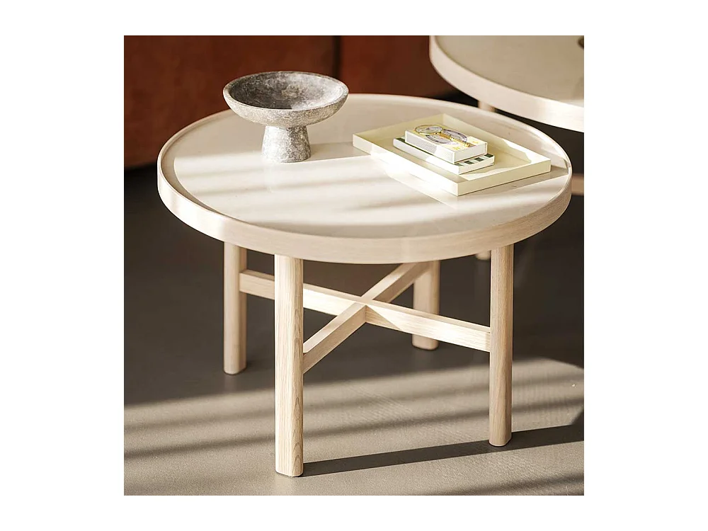 Moderner Sofatisch aus Keramik in Beige Eiche Massivholz