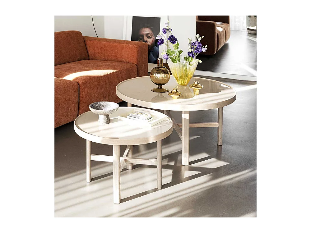 Moderner Sofatisch aus Keramik in Beige Eiche Massivholz