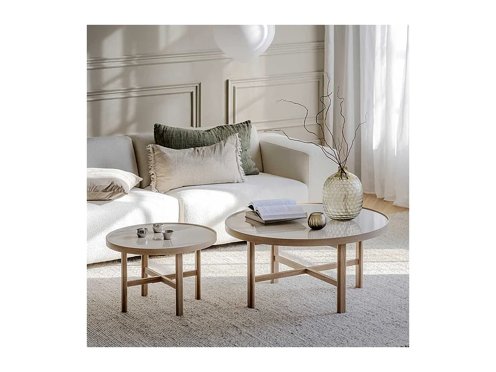 Moderner Sofatisch aus Keramik in Beige Eiche Massivholz