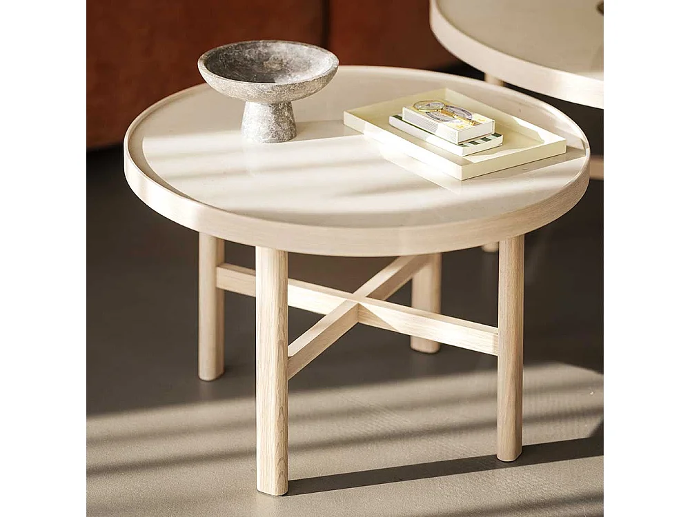 Moderner Sofatisch aus Keramik in Beige Eiche Massivholz