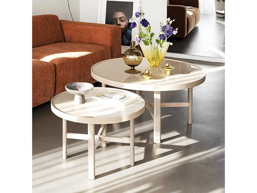 Moderner Sofatisch aus Keramik in Beige Eiche Massivholz