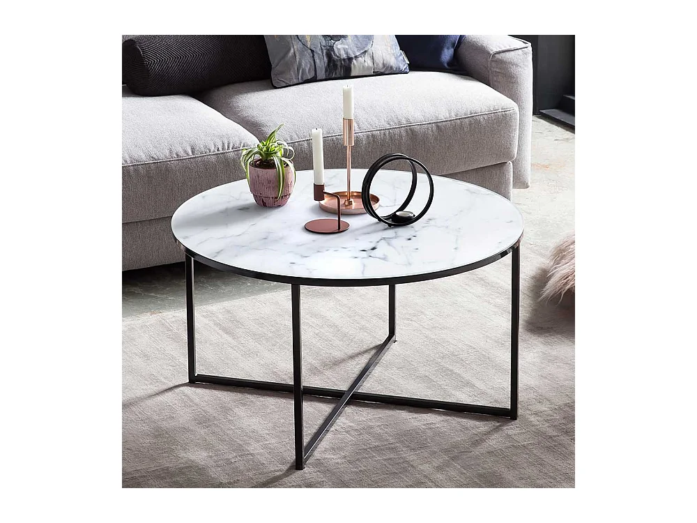 Glastisch in Weiß Hellgrau Marmoroptik Bügelgestell Schwarz