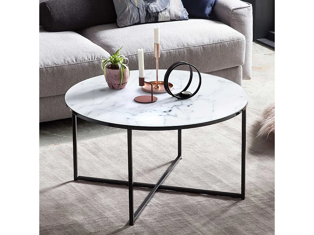 Glastisch in Weiß Hellgrau Marmoroptik Bügelgestell Schwarz