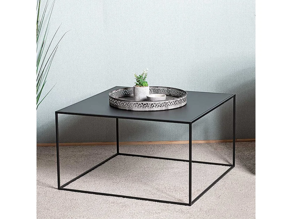 Schwarzer Designcouchtisch mit Metallplatte Bügelgestell