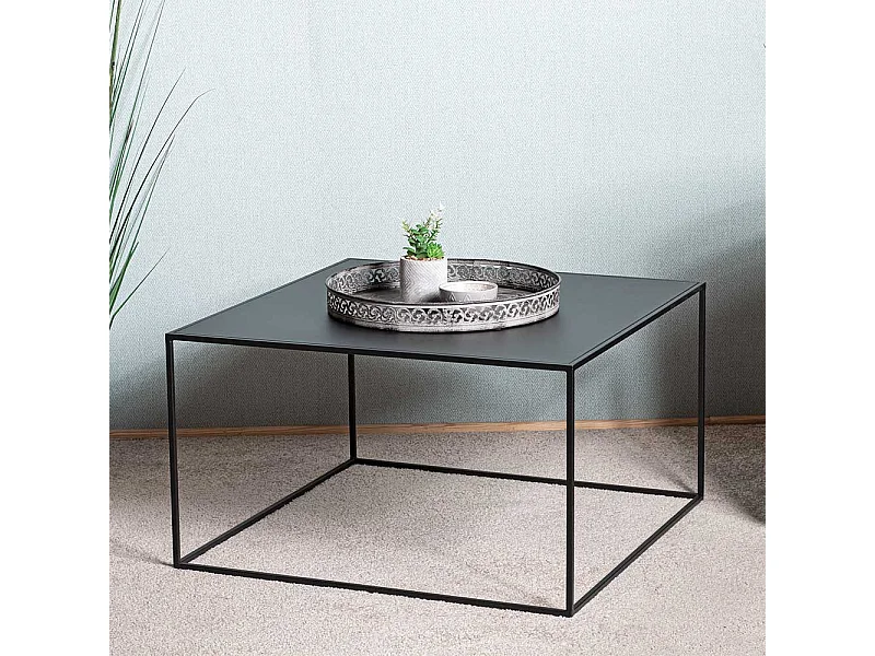 Schwarzer Designcouchtisch mit Metallplatte Bügelgestell