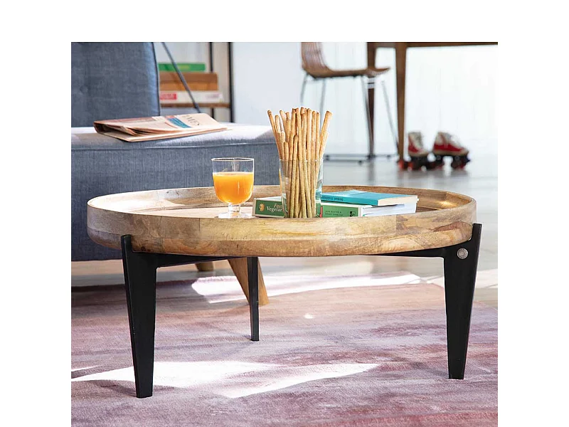 Runder Salontisch mit Massivholzplatte 3-Fußgestell aus Stahl