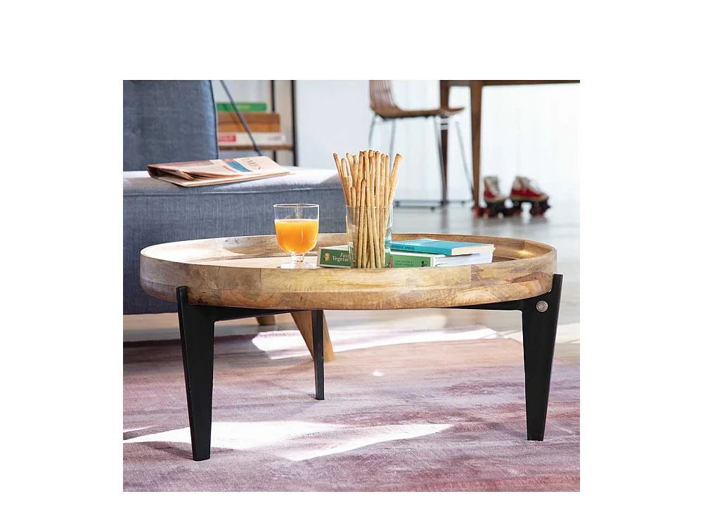 Runder Salontisch mit Massivholzplatte 3-Fußgestell aus Stahl