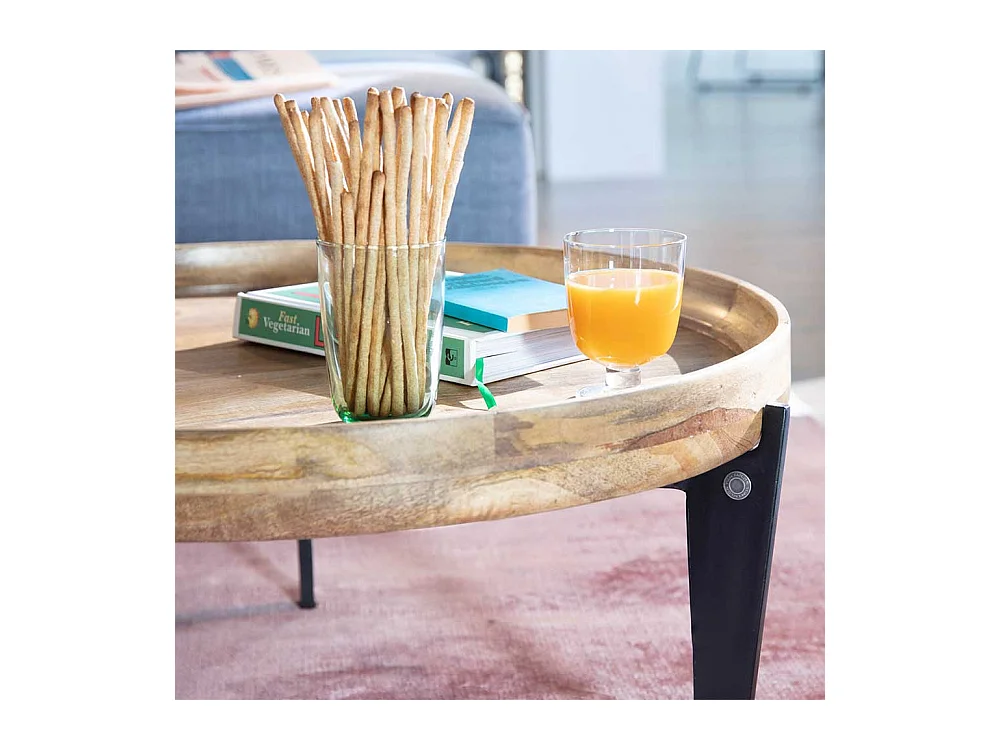 Runder Salontisch mit Massivholzplatte 3-Fußgestell aus Stahl