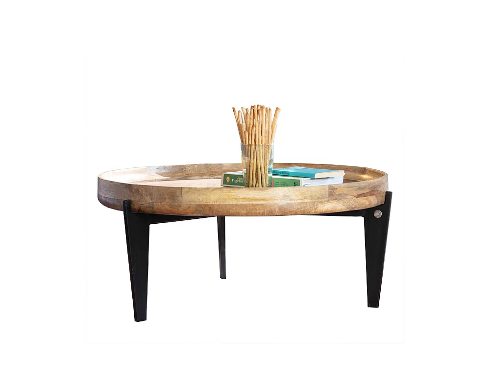 Runder Salontisch mit Massivholzplatte 3-Fußgestell aus Stahl