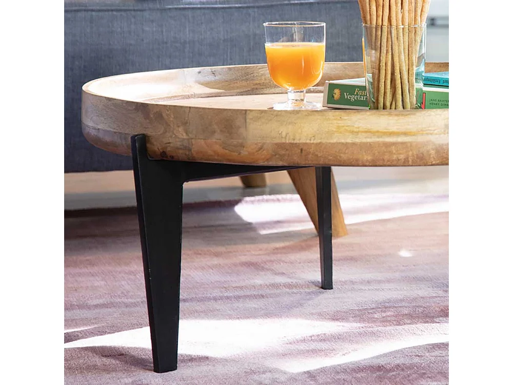 Runder Salontisch mit Massivholzplatte 3-Fußgestell aus Stahl