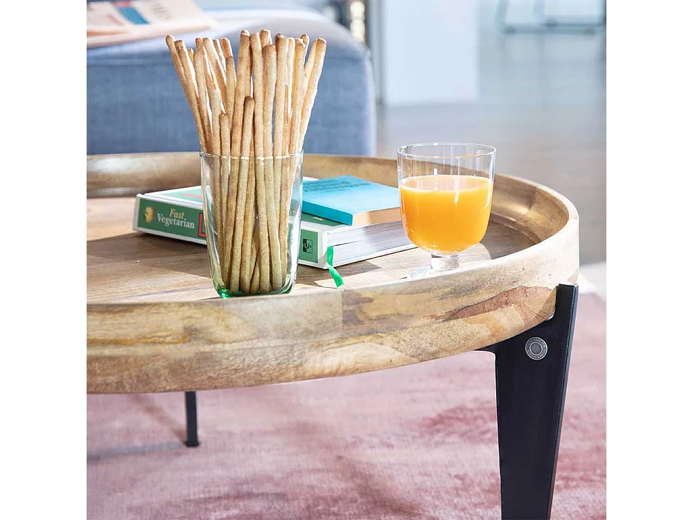 Runder Salontisch mit Massivholzplatte 3-Fußgestell aus Stahl