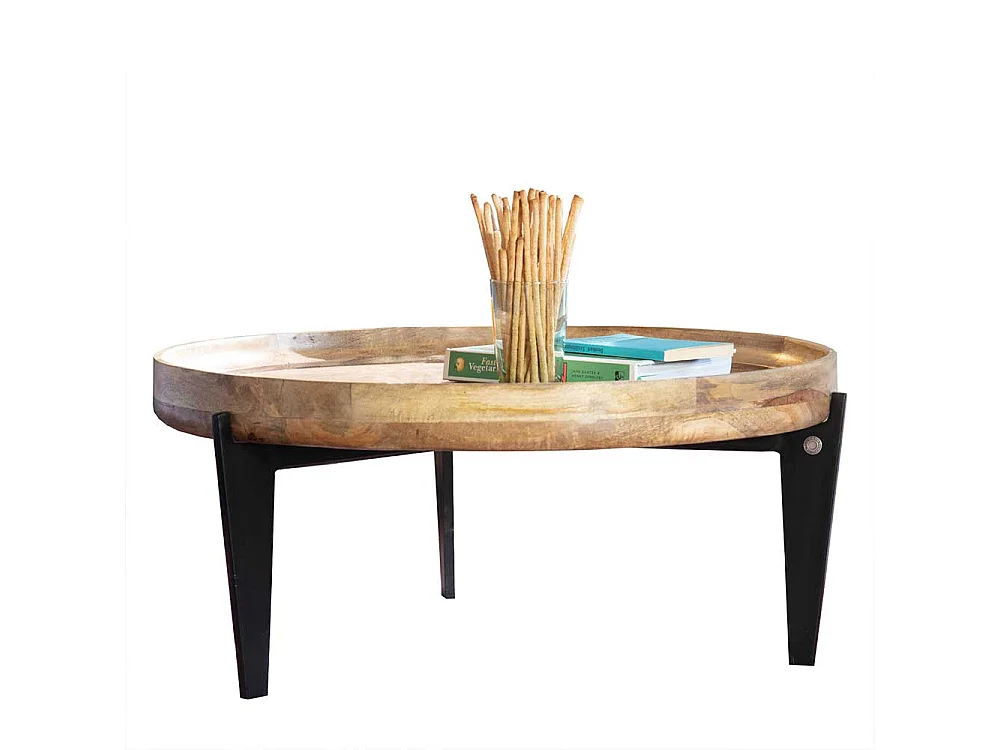 Runder Salontisch mit Massivholzplatte 3-Fußgestell aus Stahl