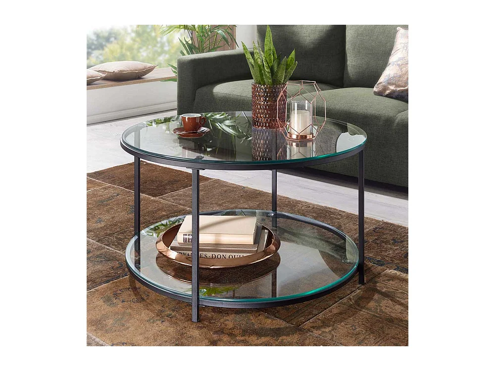 Couchtisch rund mit Glasplatten Vierfußgestell aus Metall